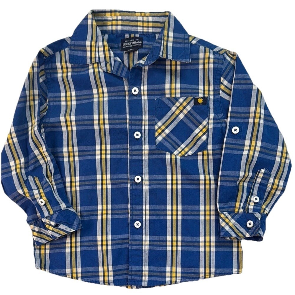Lucky Brand‎ Boys Blue Yellow Plaid Roll Tab Long Sleeve Button Down Shirt 24M